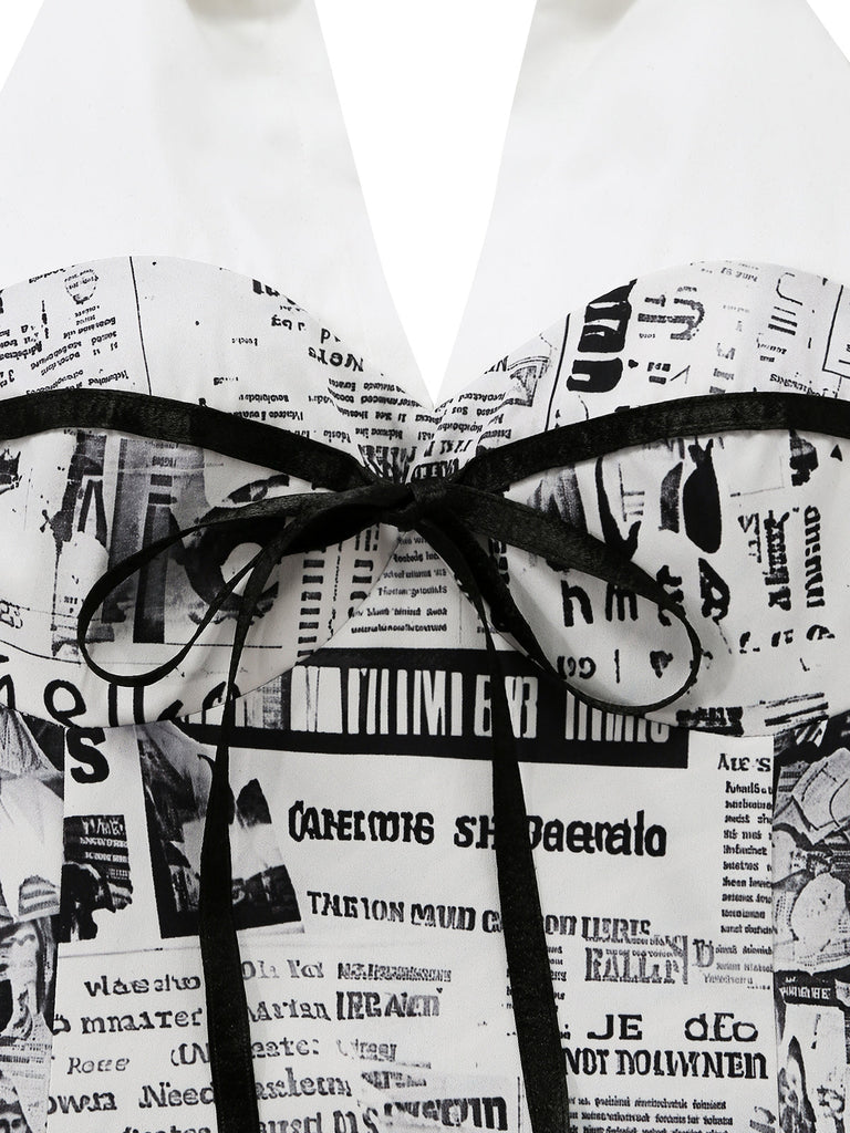 [Prévente] Gris Journal Imprimé Halter Col V Robe Années 1960 6