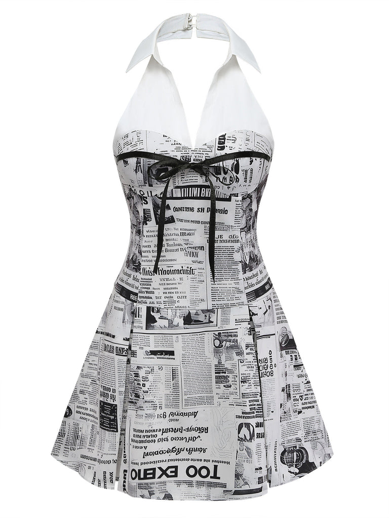 [Prévente] Gris Journal Imprimé Halter Col V Robe Années 1960 2