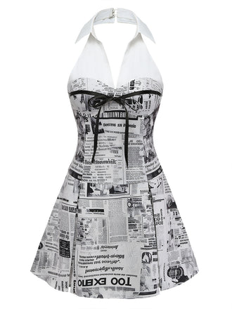 [Prévente] Gris Journal Imprimé Halter Col V Robe Années 1960 2