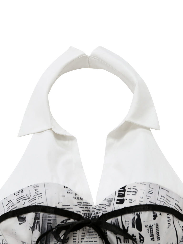 [Prévente] Gris Journal Imprimé Halter Col V Robe Années 1960 5