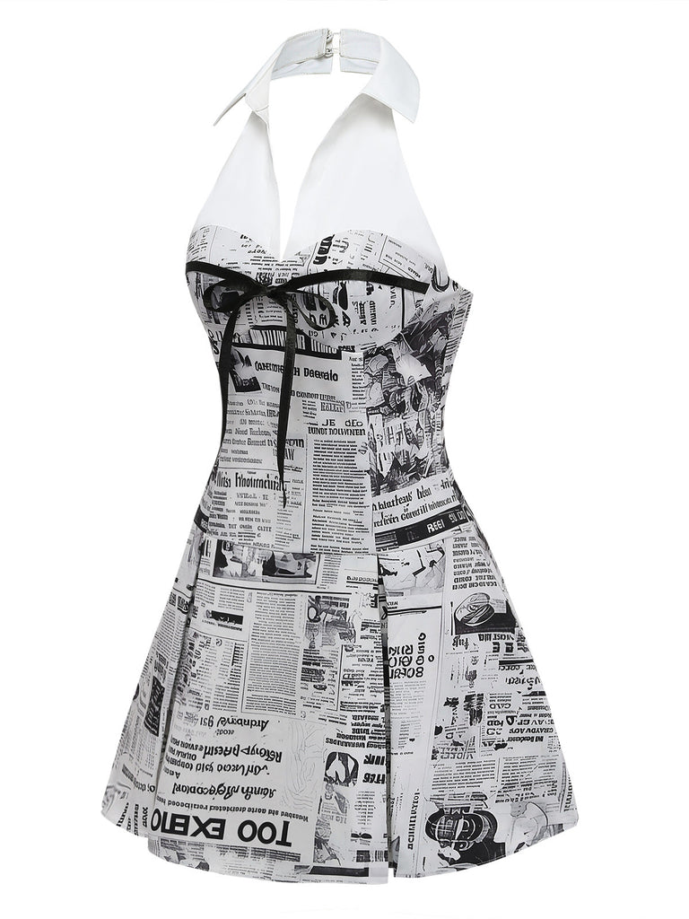 [Prévente] Gris Journal Imprimé Halter Col V Robe Années 1960 3