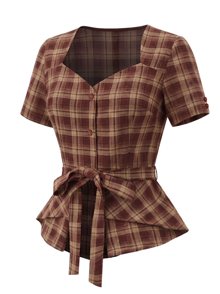[Prévente] Haut rouge à carreaux, encolure diamant, basque et taille à nouer Années 1950 - 3