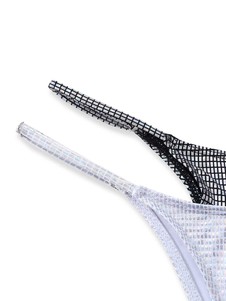 Argent Halter Chatoyant Faux Deux-Pièces Ensemble Bikini Années 1980 4