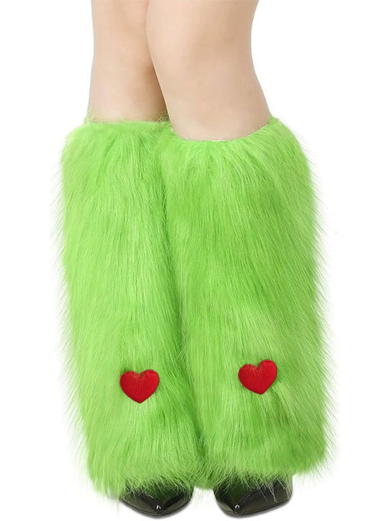 Jambières et gants de Noël en fausse fourrure verte à motif cœur - 1