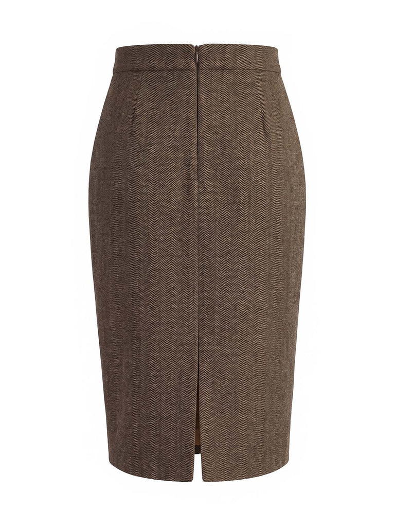 [Prévente] Jupe crayon taille haute marron clair en tweed à chevrons années 1940 - 4