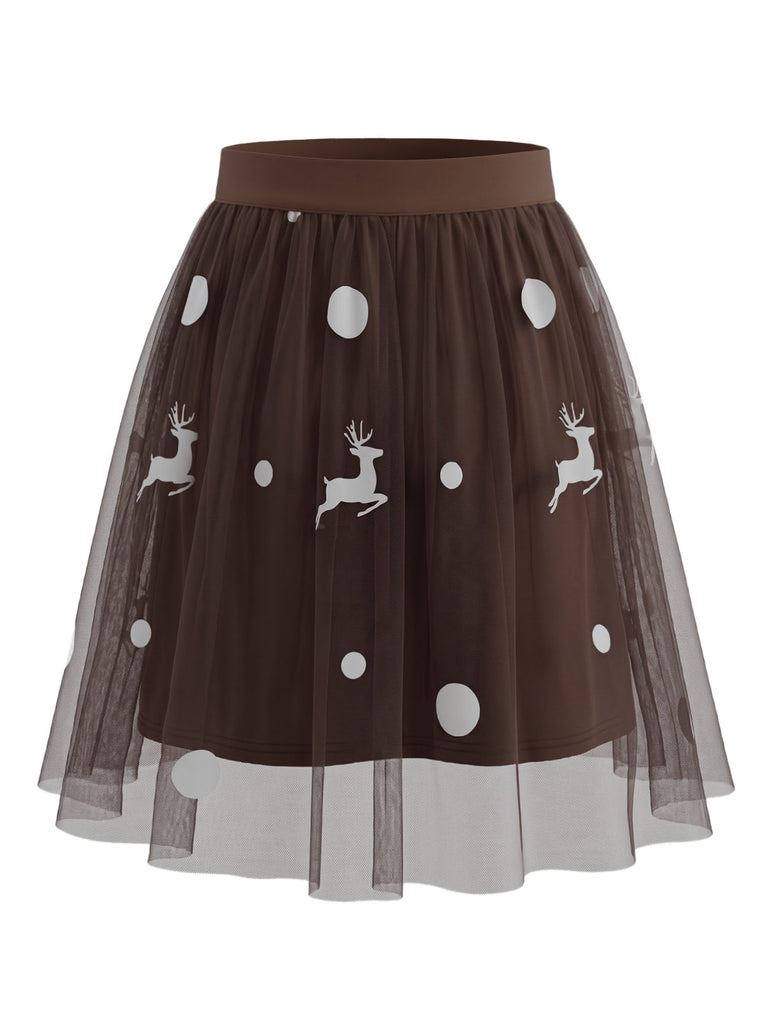 Jupe de Noël marron en tulle à pois et rennes Années 1960 - 3