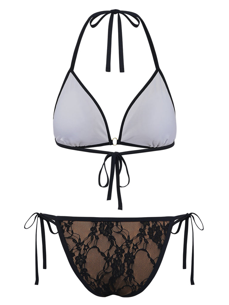 Noir Halter Floral Dentelle Ensemble Bikini Années 1970 2