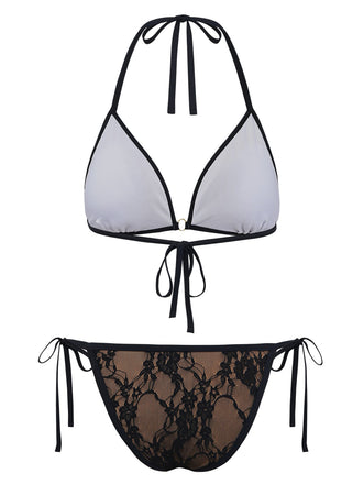 Noir Halter Floral Dentelle Ensemble Bikini Années 1970 2