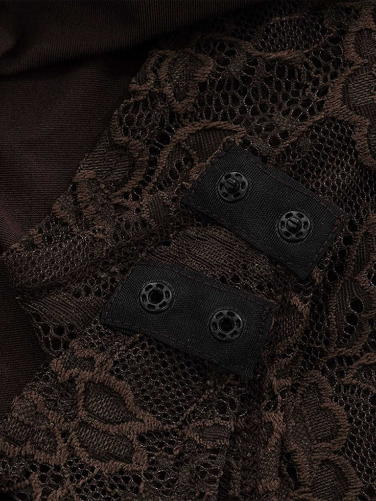 Close-up of the lace bodice featuring a functional snap-button closure on the brown fabric.