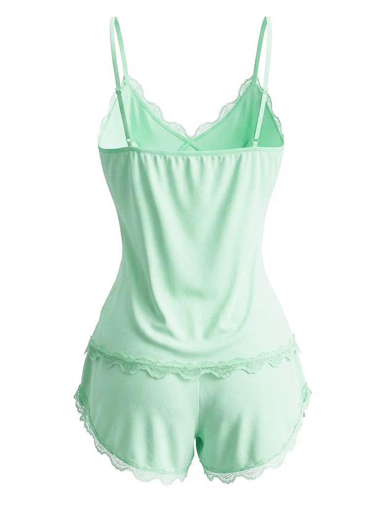Rear view of the mint green camisole set highlighting the adjustable thin straps and delicate lace edging.