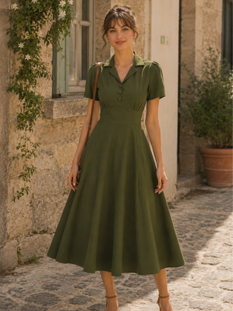 Robe unie boutonnée à revers vert armée des années 40