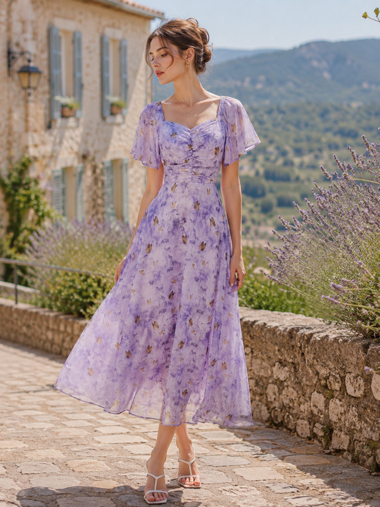 Robe violette mousseline à manches papillon années 1930