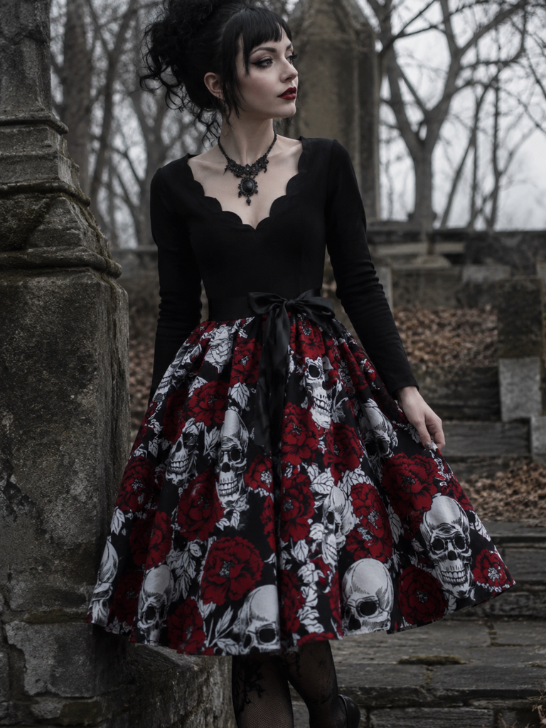 Robe noire à col pétales de roses et tête de mort des années 1950
