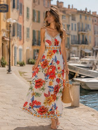 Robe longue multicolore sans manches motif floral et col V années 70