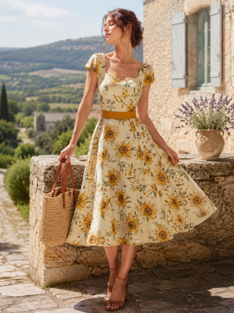 [Prévente] Robe orange motif tournesols et encolure cœur années 50