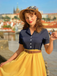 Robe Rockabilly Juane et Bleu Vintage Année 50 Patchwork avec Ceinture