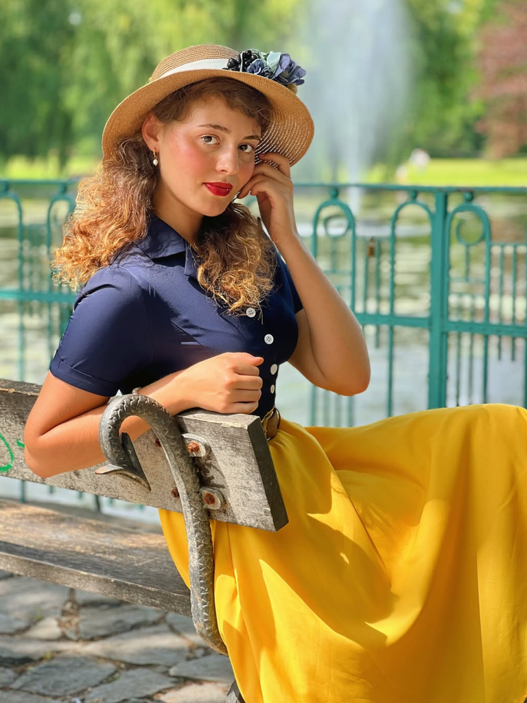 Robe Rockabilly Juane et Bleu Vintage Année 50 Patchwork avec Ceinture