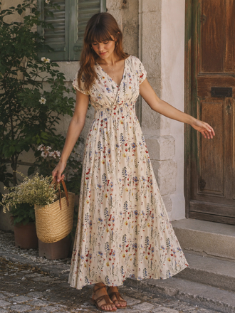 Robe Maxi Manches Courtes Fleurs Blanche Années 1940
