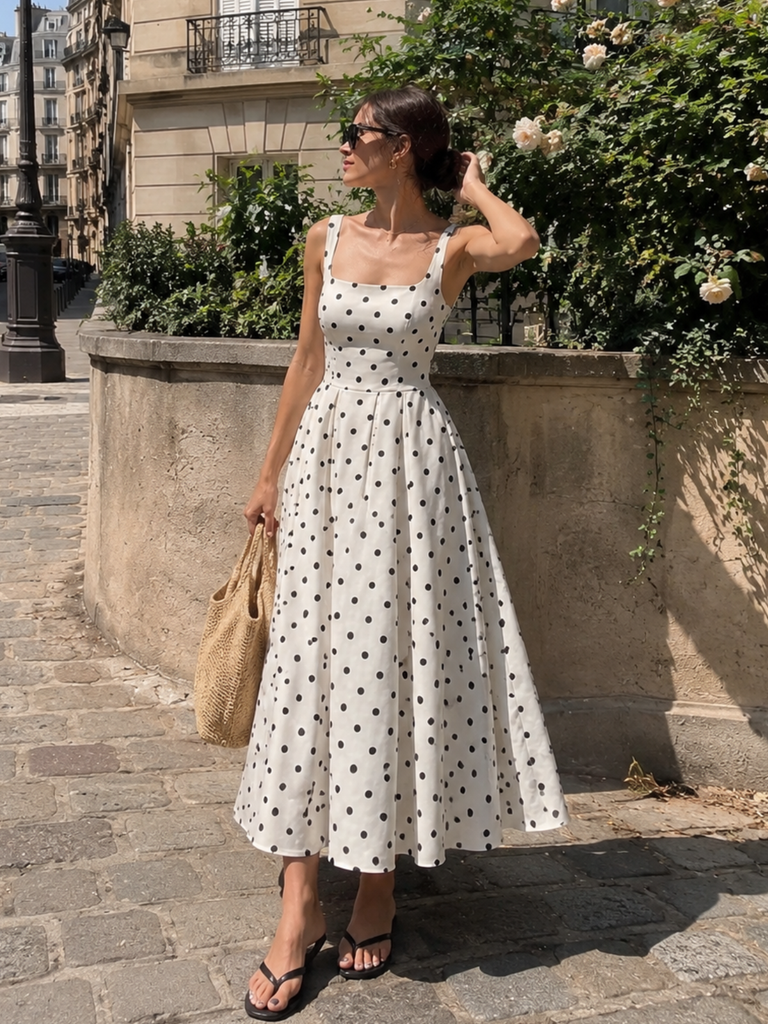 [Prévente] Robe blanche sans manches pois plissée années 50