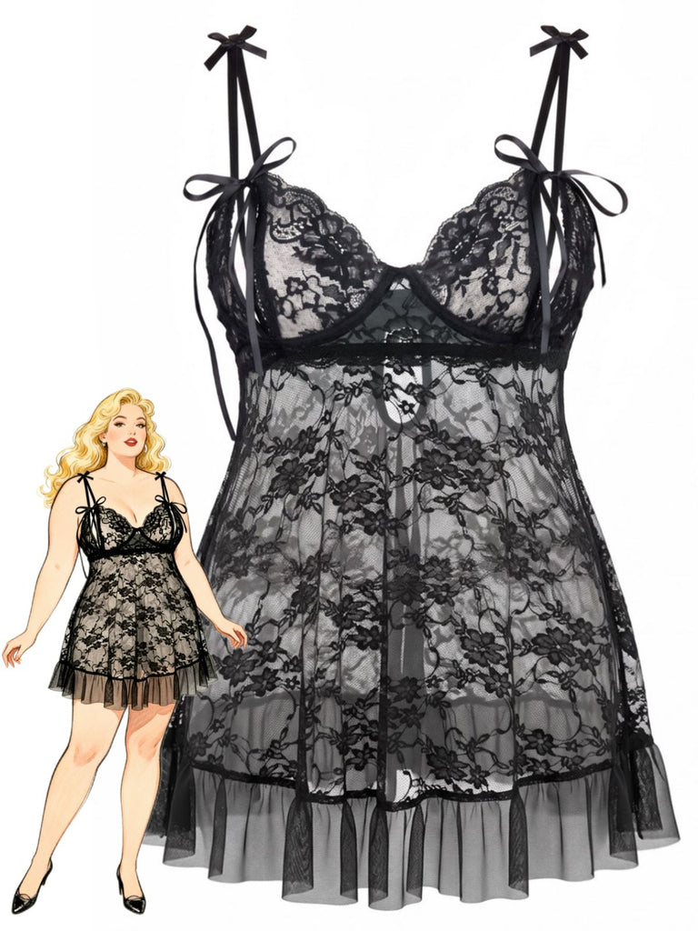 [Grande Taille] Lingerie Babydoll Noire à Dentelle et Bretelles à Nœuds Années 1950 - 1