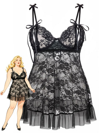 [Grande Taille] Lingerie Babydoll Noire à Dentelle et Bretelles à Nœuds Années 1950 - 1