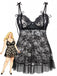 [Grande Taille] Lingerie Babydoll Noire à Dentelle et Bretelles à Nœuds Années 1950 - 1