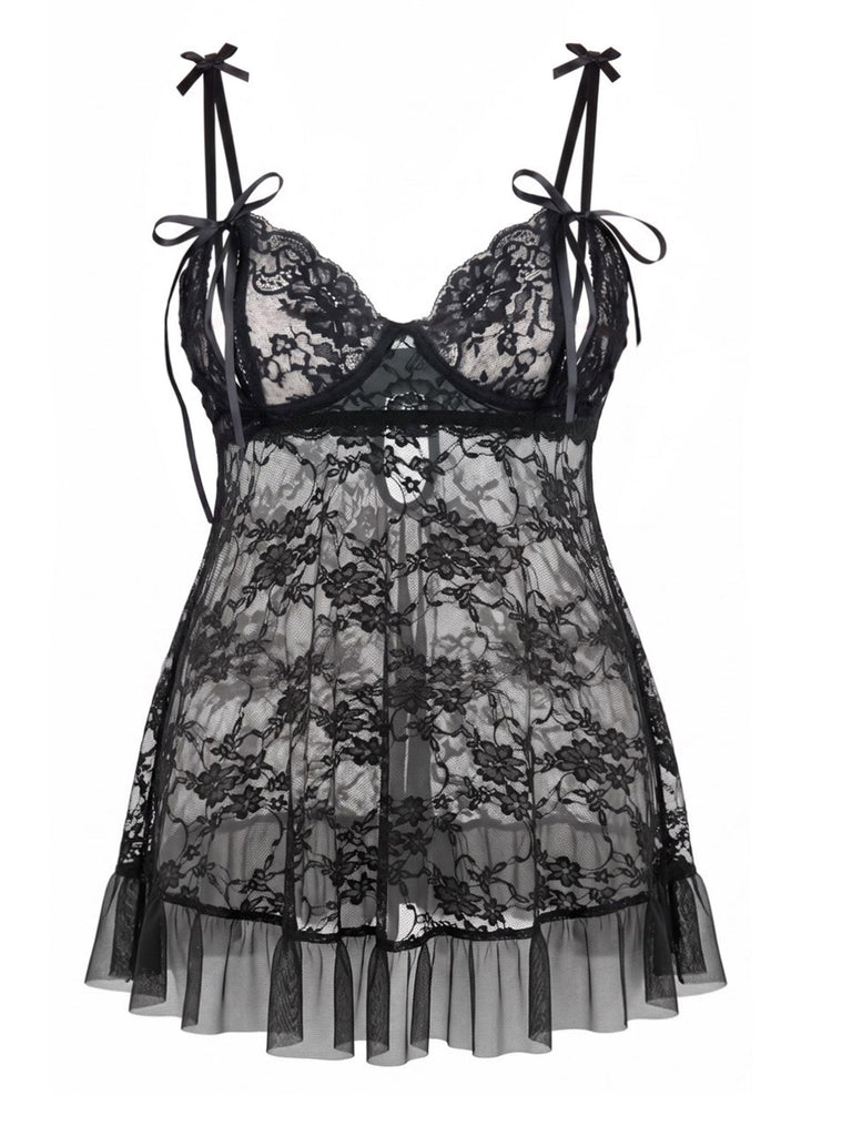 [Grande Taille] Lingerie Babydoll Noire à Dentelle et Bretelles à Nœuds Années 1950 - 2