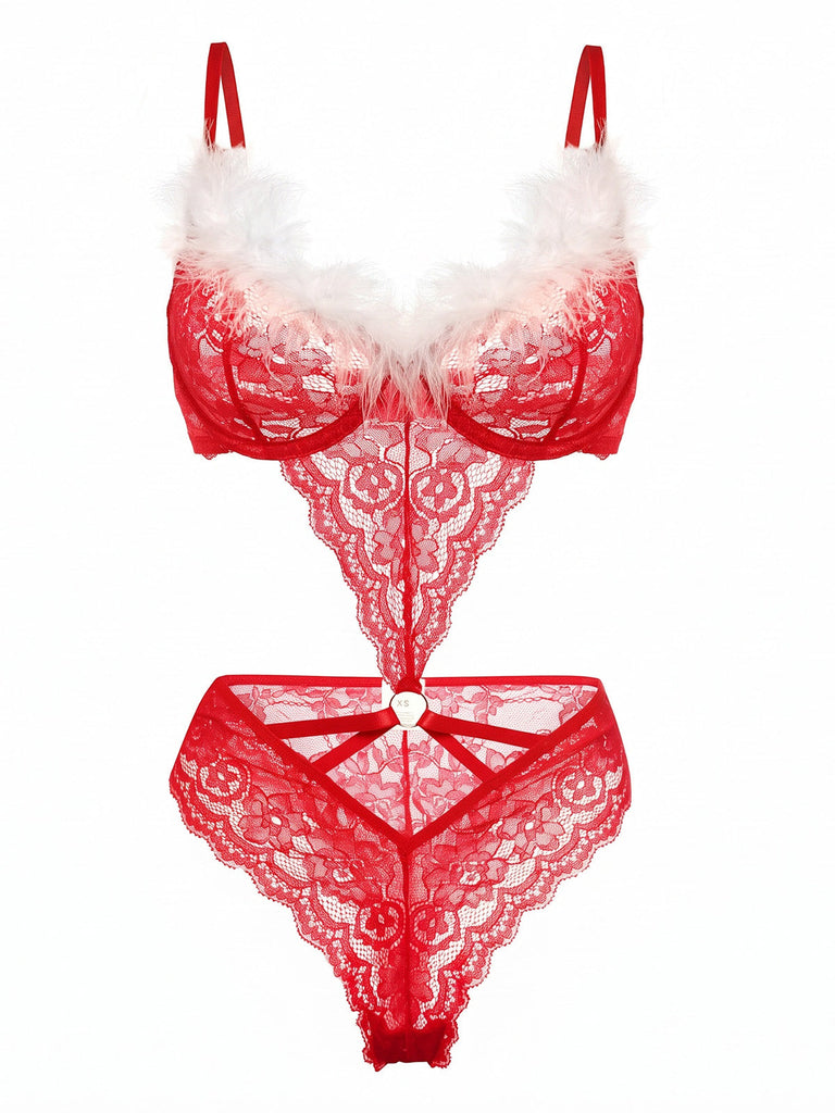 Lingerie de Noël rouge vif ajourée en dentelle à bordure en fausse fourrure années 1950 - 1