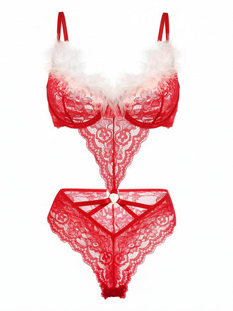Lingerie de Noël rouge vif ajourée en dentelle à bordure en fausse fourrure années 1950 - 1