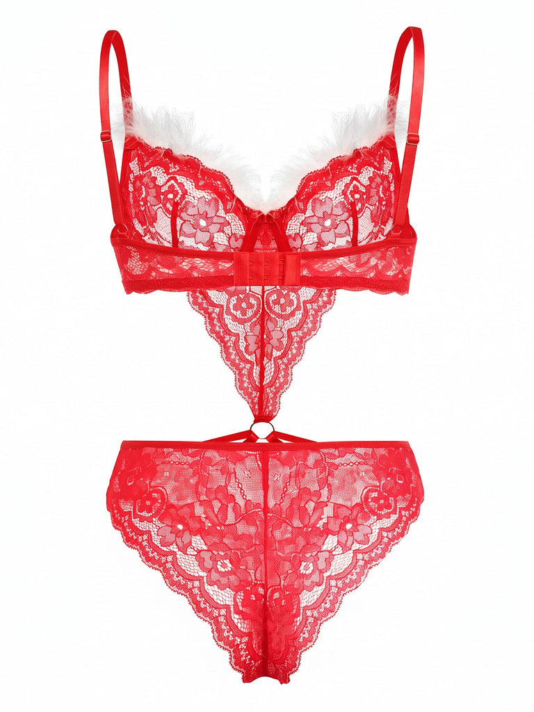 Lingerie de Noël rouge vif ajourée en dentelle à bordure en fausse fourrure années 1950 - 2