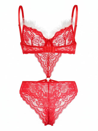 Lingerie de Noël rouge vif ajourée en dentelle à bordure en fausse fourrure années 1950 - 2