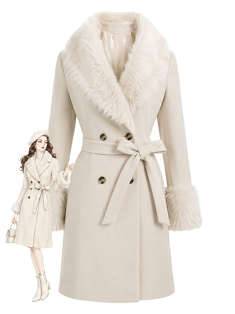 Manteau blanc à double boutonnage et col en fausse fourrure années 1950 - 1
