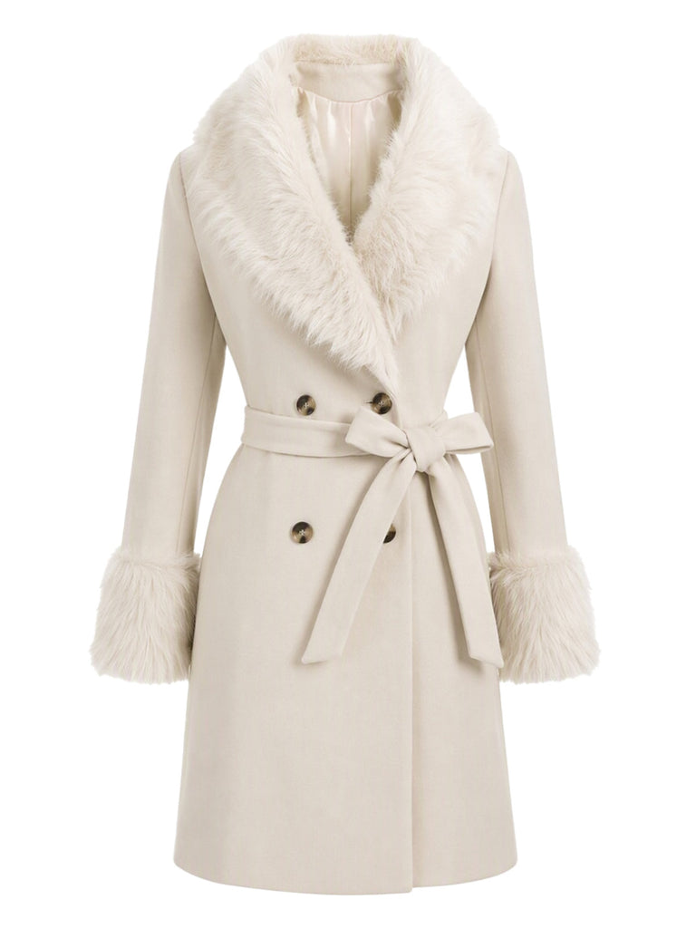 Manteau blanc à double boutonnage et col en fausse fourrure années 1950 - 2