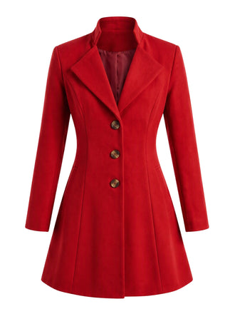 Manteau rouge uni à col à revers, manches longues et boutons années 1940 - 2