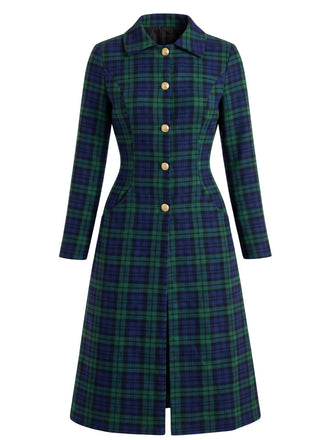 Manteau Vert à Carreaux, Boutonnage Simple et Manches Longues Années 1940 - 1