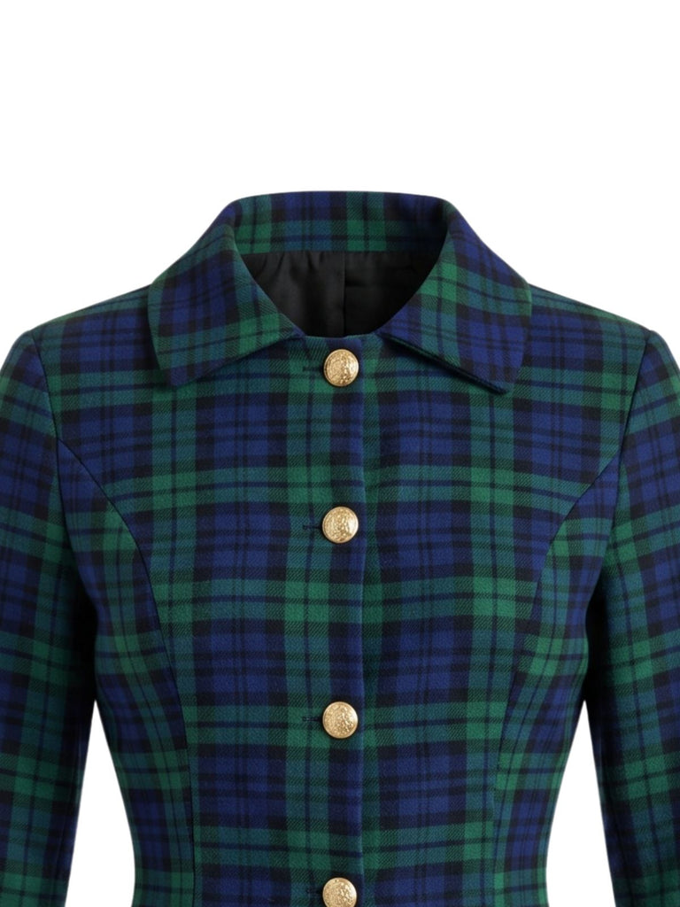 Manteau Vert à Carreaux, Boutonnage Simple et Manches Longues Années 1940 - 3