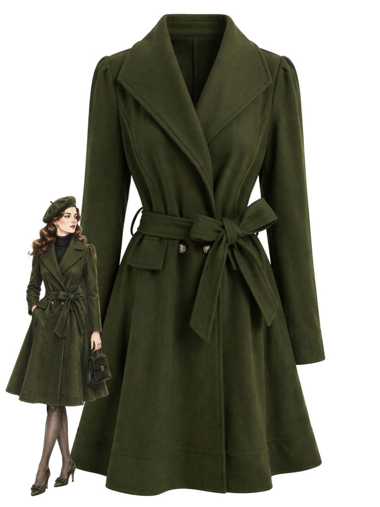 Manteau vert foncé ceinturé à revers crantés et ourlet évasé années 1950 - 1