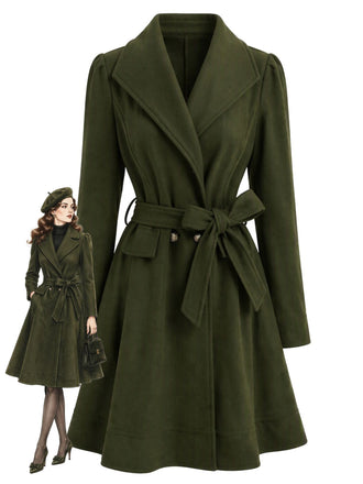 Manteau vert foncé ceinturé à revers crantés et ourlet évasé années 1950 - 1