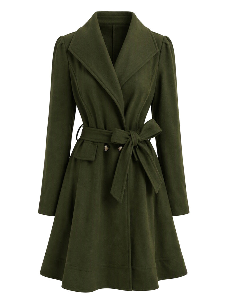 Manteau vert foncé ceinturé à revers crantés et ourlet évasé années 1950 - 2