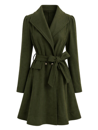 Manteau vert foncé ceinturé à revers crantés et ourlet évasé années 1950 - 2