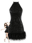Mini-robe sequins dos nu et plumes années 1960