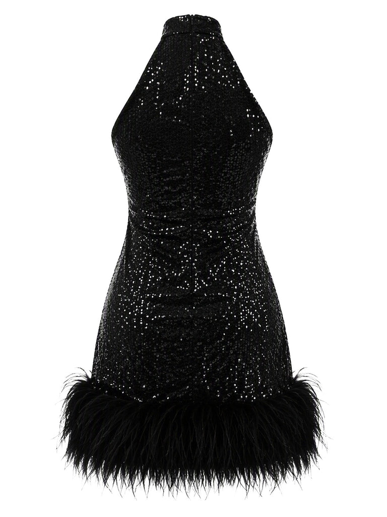 Mini Robe à Paillettes, Col Halter et Plumes Années 1960 - 3