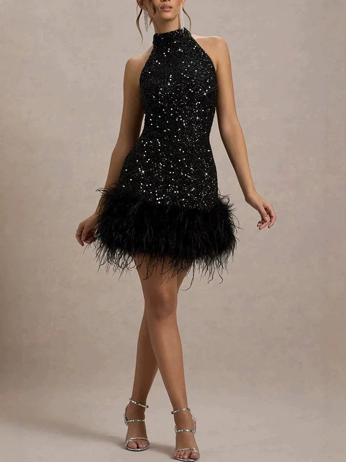 Mini Robe à Paillettes, Col Halter et Plumes Années 1960 - 4