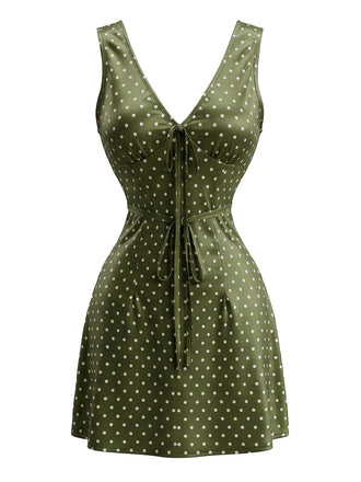 Mini Robe Chartreuse en Satin à Pois et Col V Années 1970 - 1