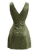 Mini Robe Chartreuse en Satin à Pois et Col V Années 1970 - 2