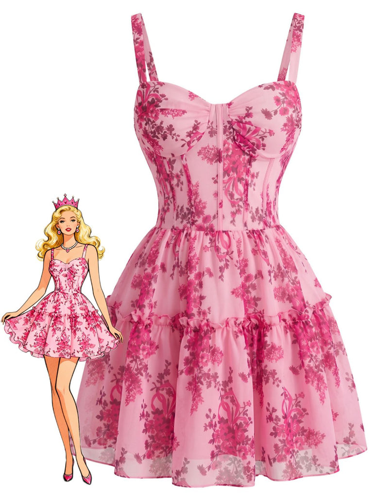 Mini-robe corset rose à fleurs et volants années 1950 - 1