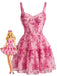 Mini-robe corset rose à fleurs et volants années 1950 - 1