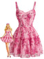 Mini-robe corset rose motifs floraux et volants années 1950