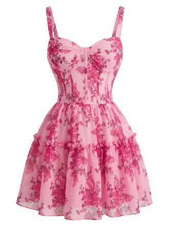 Mini-robe corset rose à fleurs et volants années 1950 - 2