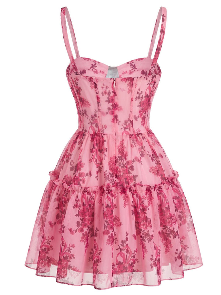 Mini-robe corset rose à fleurs et volants années 1950 - 3